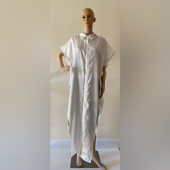 White Asymmetrical Side Slit Sleeveless Button-down Maxi Shirt Blouse - Picture 2 of 6